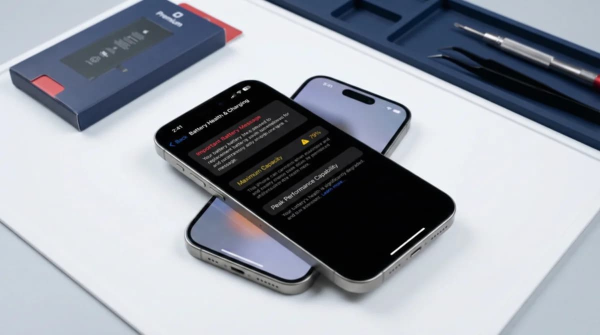 iPhone που δείχνει Battery Health στο 79% με προειδοποίηση service και ανταλλακτική μπαταρία δίπλα
