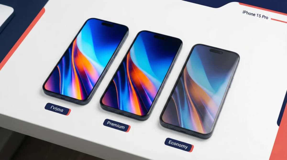 Σύγκριση τριών οθονών iPhone 15 Pro - Γνήσια, Premium και Economy με ορατή διαφορά φωτεινότητας