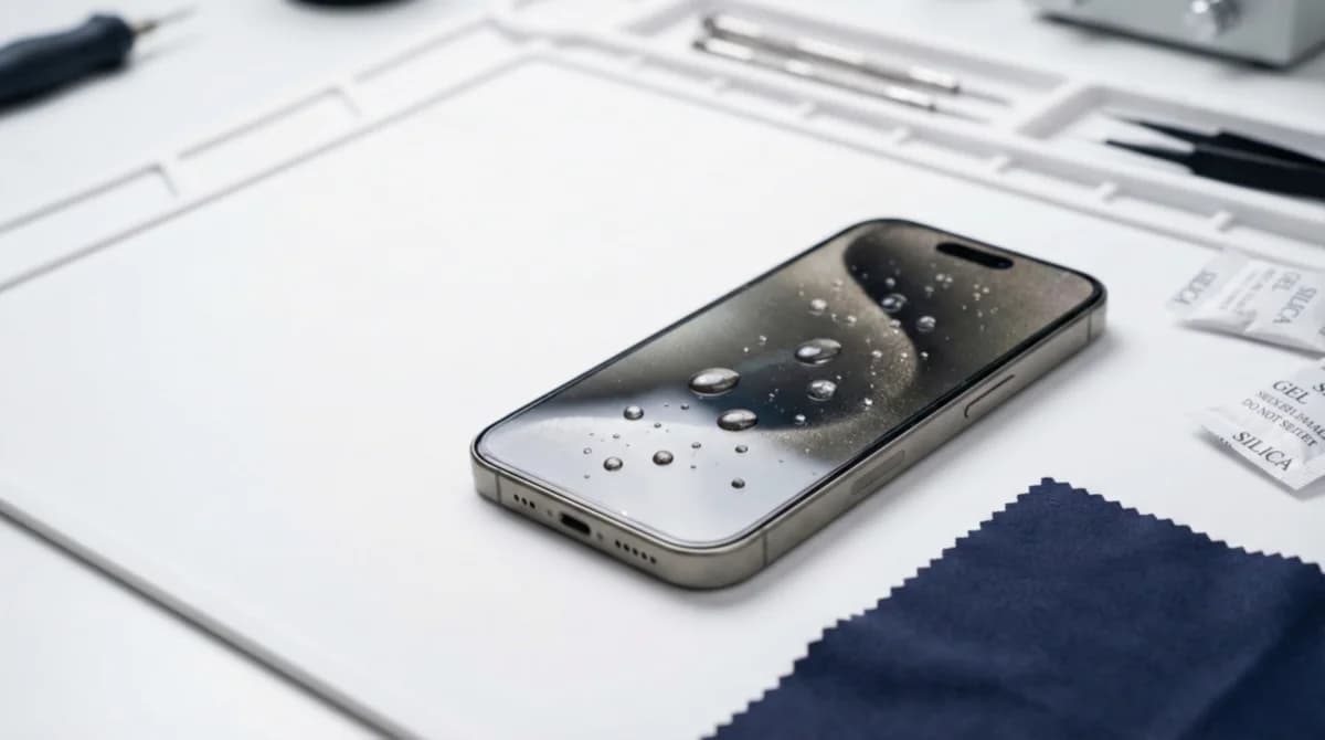 iPhone με σταγόνες νερού στην οθόνη σε επαγγελματικό πάγκο επισκευής με navy πανί και silica gel