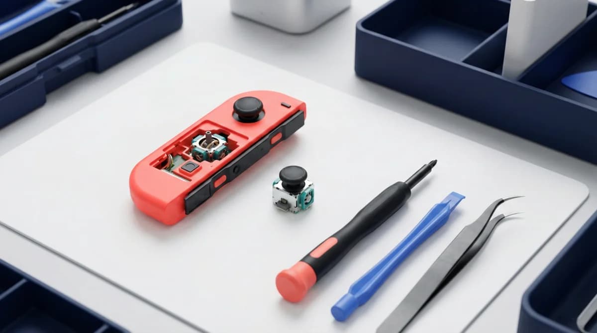 Κόκκινο Nintendo Switch Joy-Con αποσυναρμολογημένο με εμφανές το αναλογικό stick και εργαλεία επισκευής