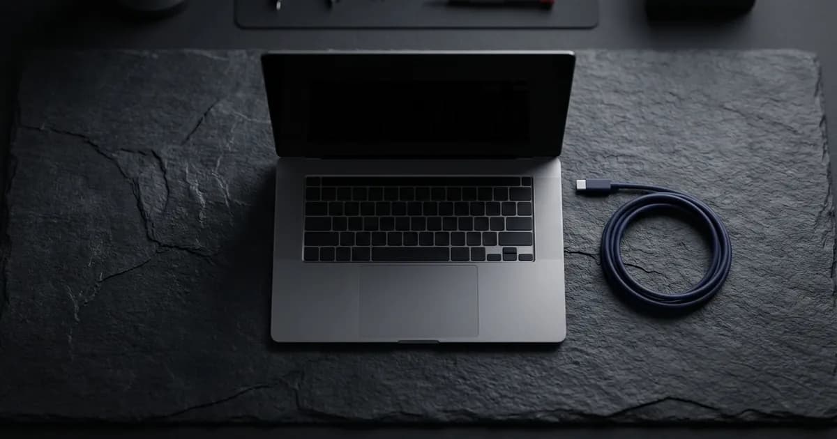 MacBook Pro σε σκούρο γραφείο με αποσυνδεδεμένο καλώδιο φόρτισης USB-C