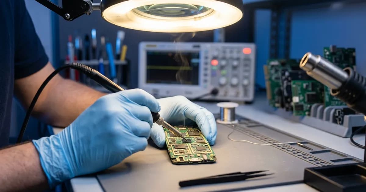 Εξειδικευμένος τεχνικός κάνει microsoldering σε μητρική πλακέτα κάτω από μικροσκόπιο στο The Lab του iFastRepair