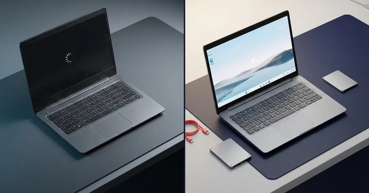 Αργό laptop πριν και μετά την αναβάθμιση SSD — σύγκριση ταχύτητας στο εργαστήριο iFastRepair