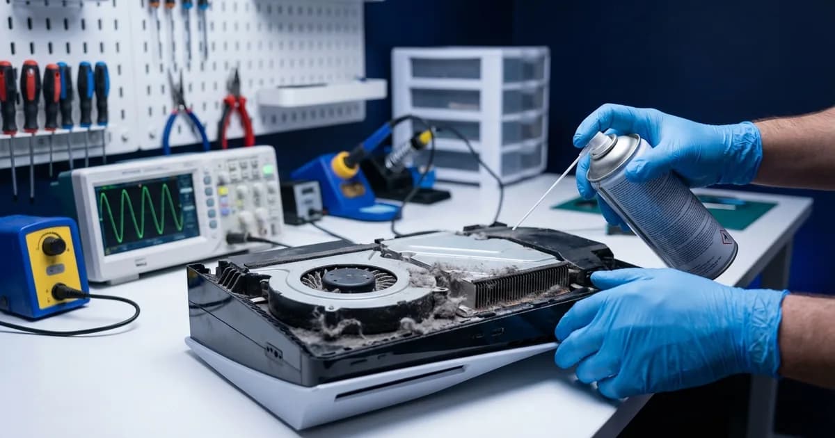 Τεχνικός καθαρίζει PS5 σε επαγγελματικό εργαστήριο επισκευής